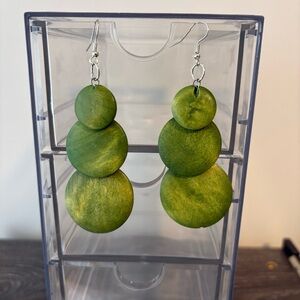 Green Tiered Wooden Dangle Earrings | Item 0333